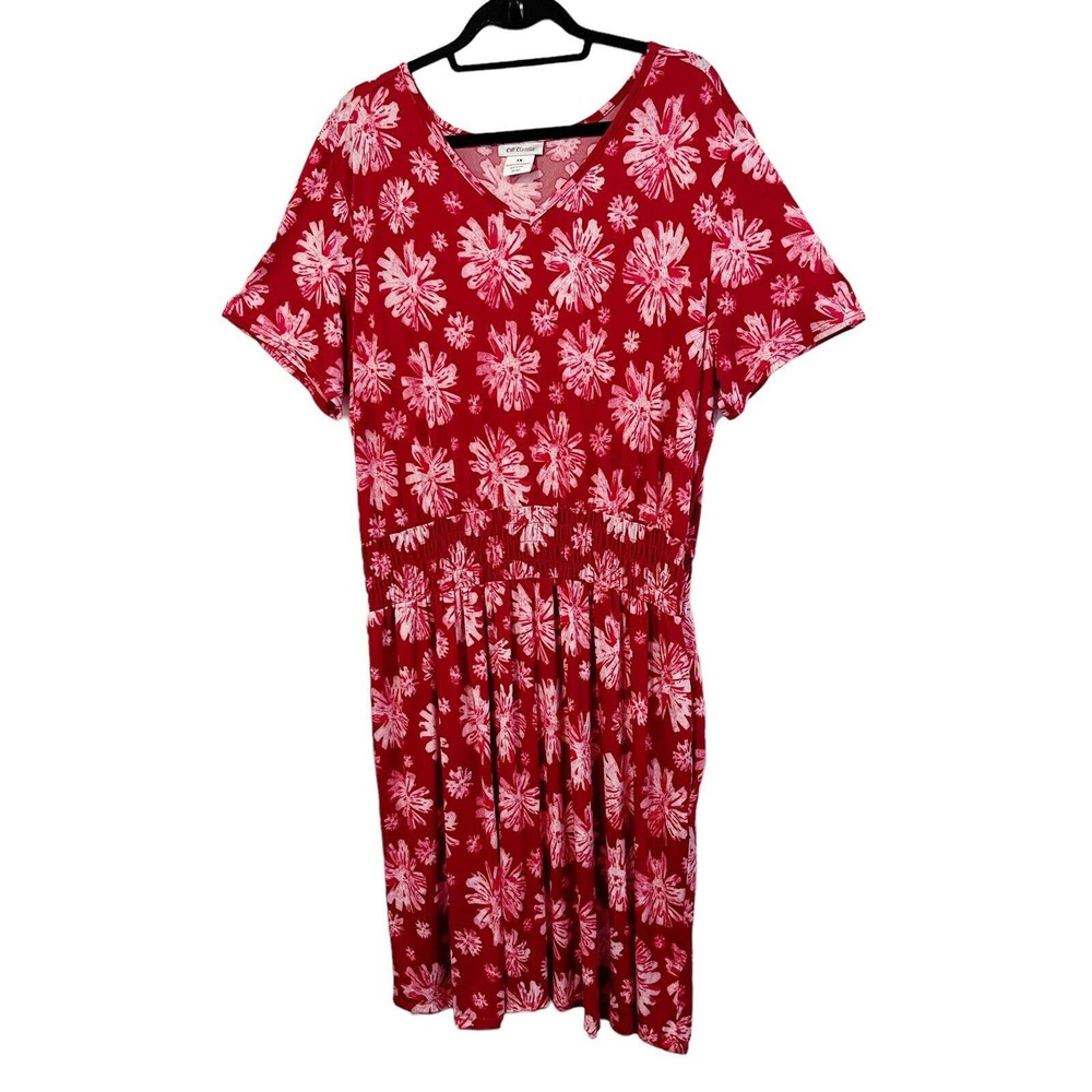 CW Classics Dress Plus Size 1X Floral Print Short Sleeve Drop Waist Stretch
